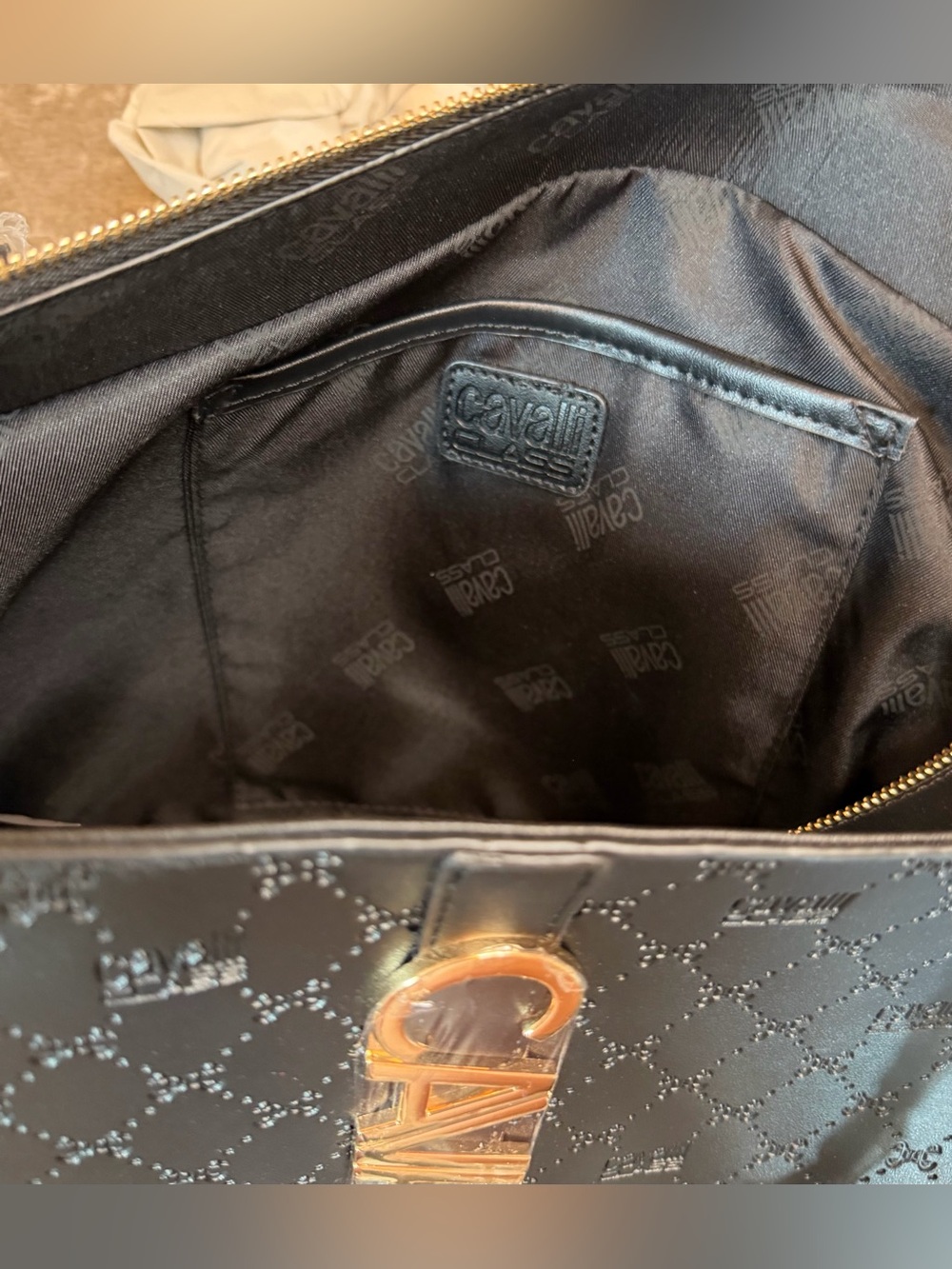 Cavalli Class Sandra Shopper Tote Black Deboss Gold Logo NWT - Picture 4 of 8